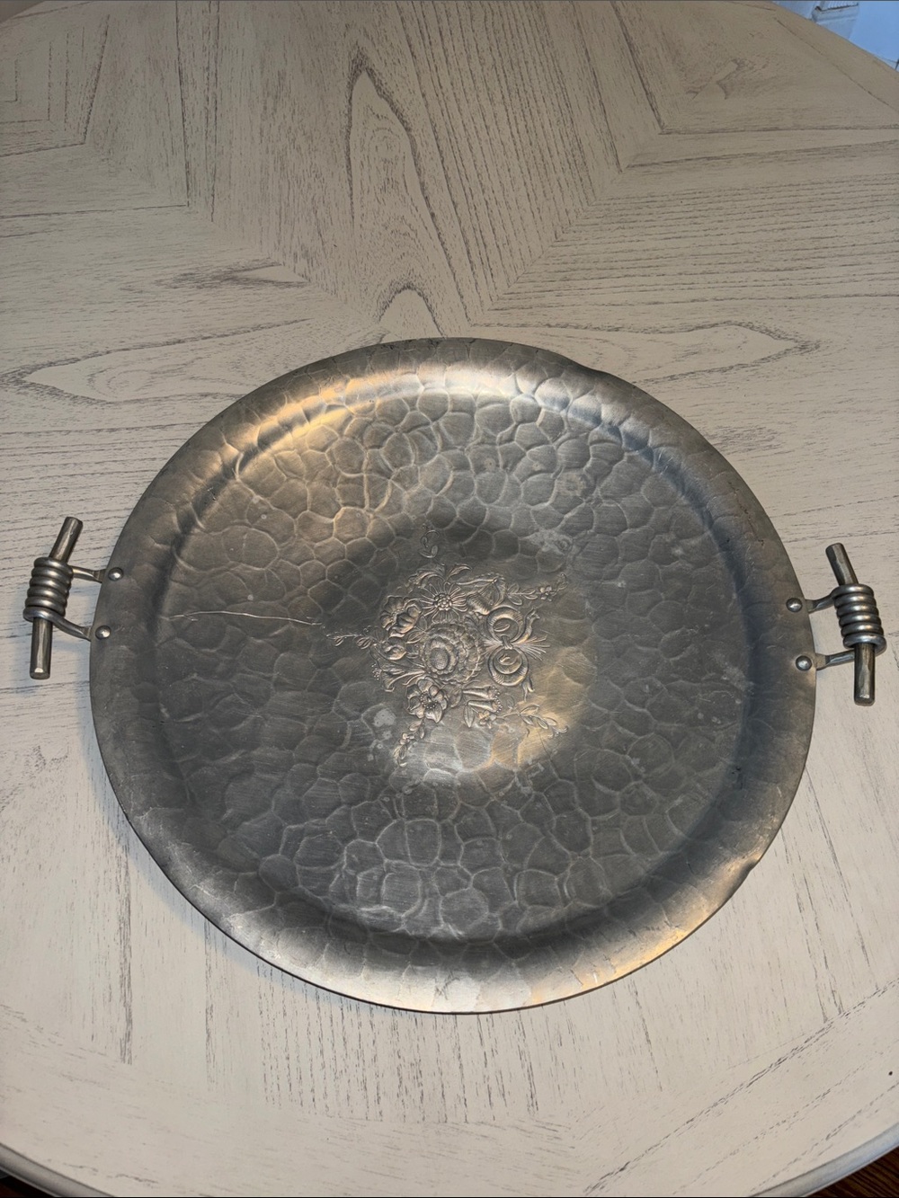 Vintage Hammered Aluminum Tray with Floral Center and Twist Handles/wall decor